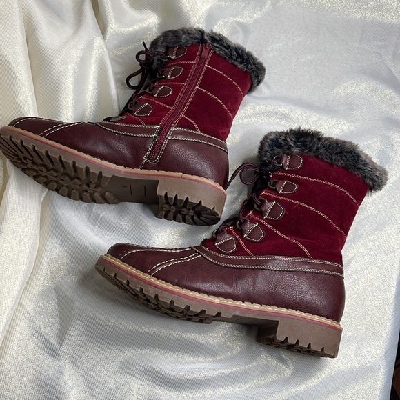 Burgundy Red Lace Up Zip Winter Boots Faux Fur Leather Suede 9 - Picture 6 of 8